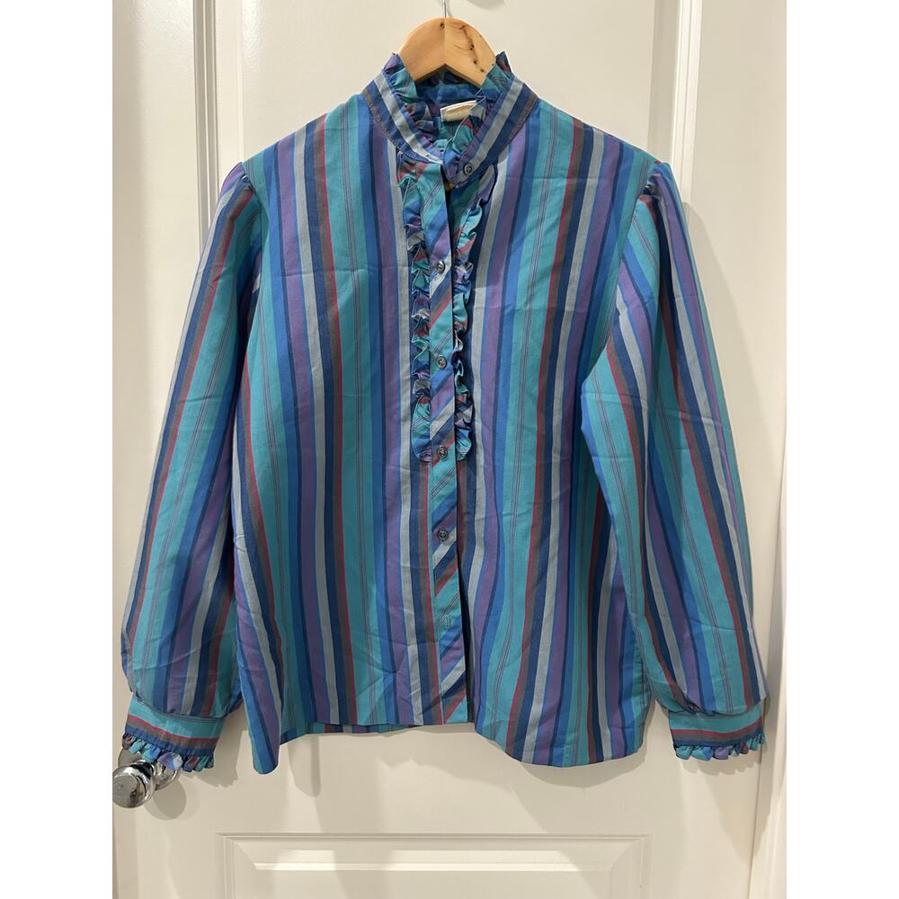 Vintage Koret 1970s ILGWU Union Made in the USA Striped Polyester Blouse L/XL